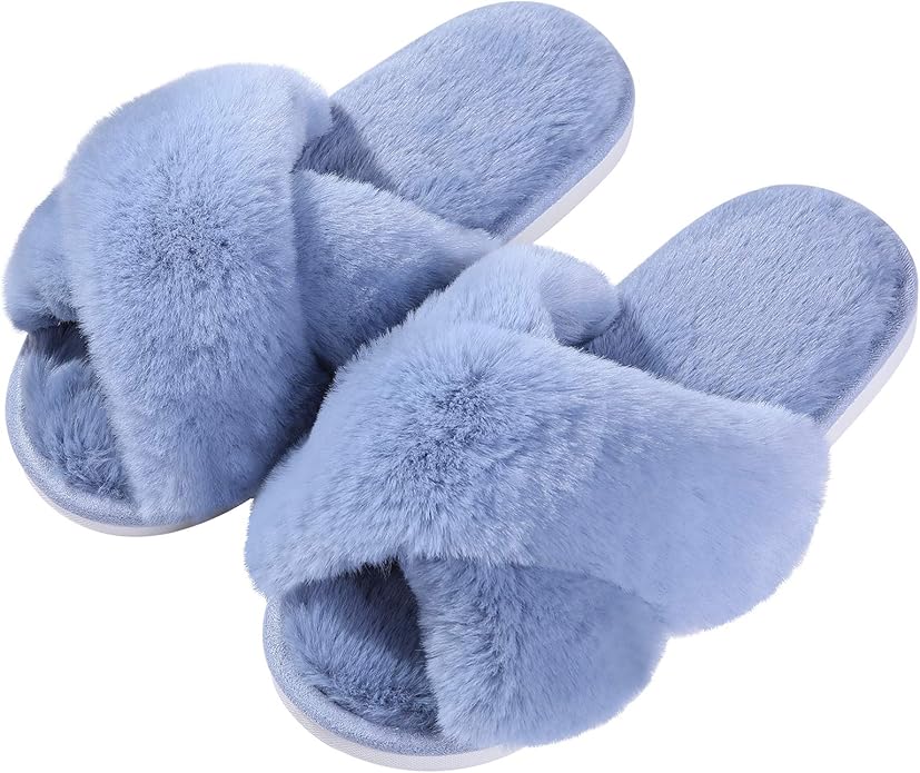 Evshine Women's Fuzzy Slippers Cross Band Memory Foam House Slippers Open Toe by Evshine