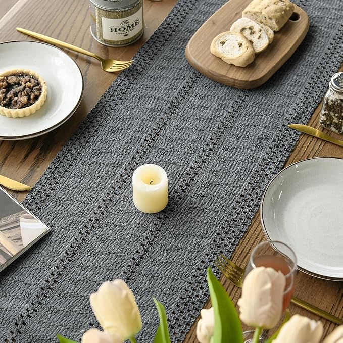 Artoid Mode Dark Grey Farmhouse Woven Rustic Hollow Table Runner, Seasonal - Image 4