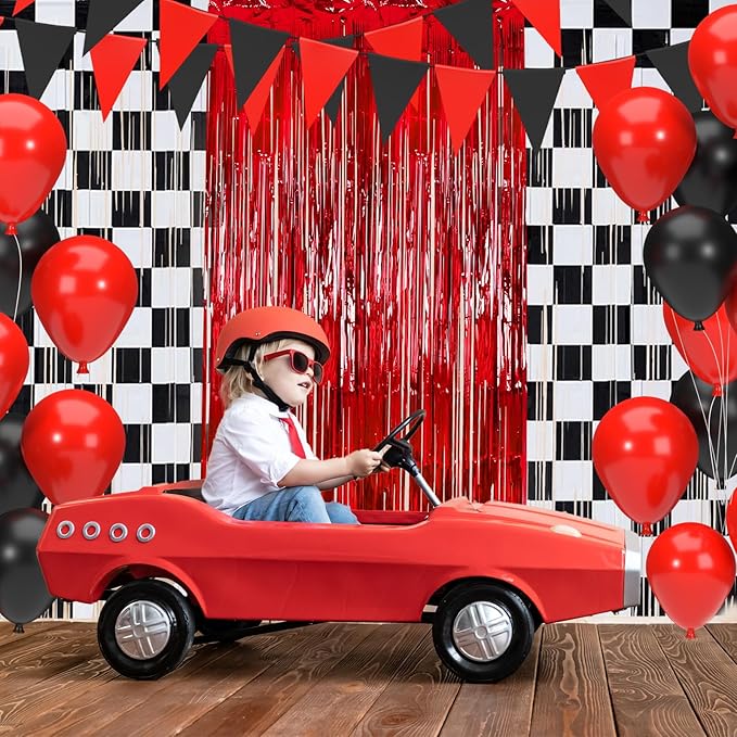 3 Pcs Racing Cars Foil Fringe Curtain Red Black White Checkered Photo Booth - Image 4