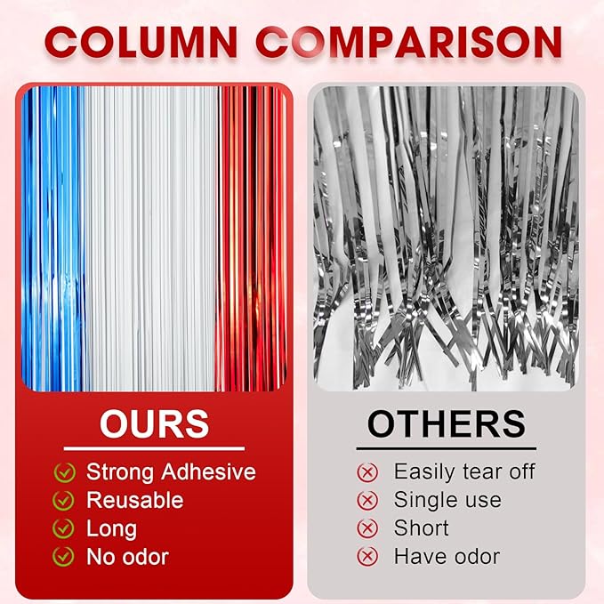 3 Pack 3.3 x 8.2 ft Red White and Blue Foil Fringe Backdrop Curtains, Tinsel - Image 5