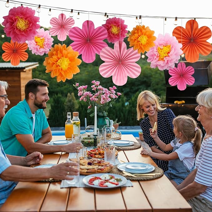 12PCS Paper Flowers Fans Orange and Hot Pink Party Decorations Tissue Paper - Image 7