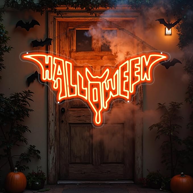 Halloween Bat Shaped Neon Sign Spooky Red LED Wall Decor by Mingxigo