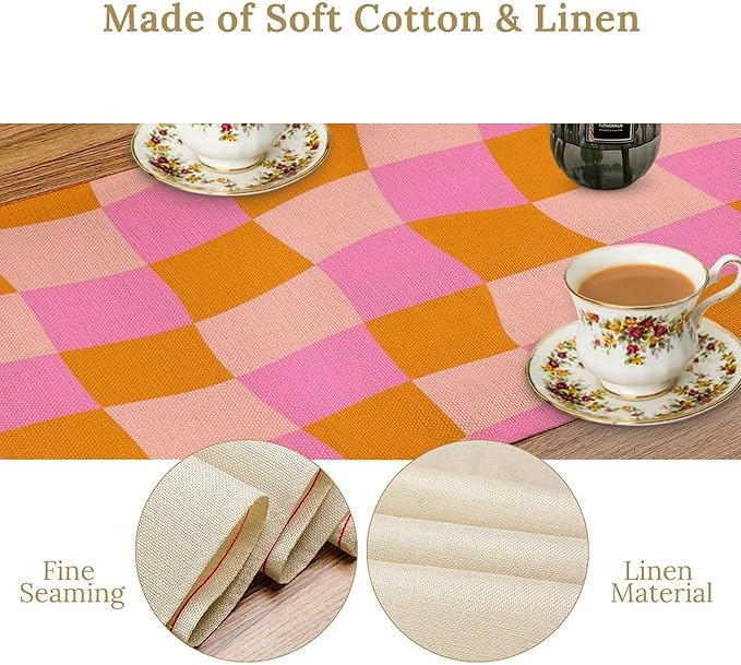 Checkered Table Runner Orange Retro 60s70s Boho Style Kitchen Restaurant - Image 7