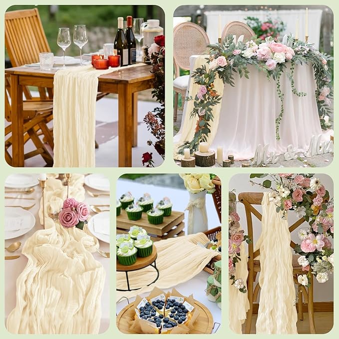 Asee'm 2pcs Cheesecloth Table Runner 120 Inches Long Beige Boho Gauze Cheese - Image 7