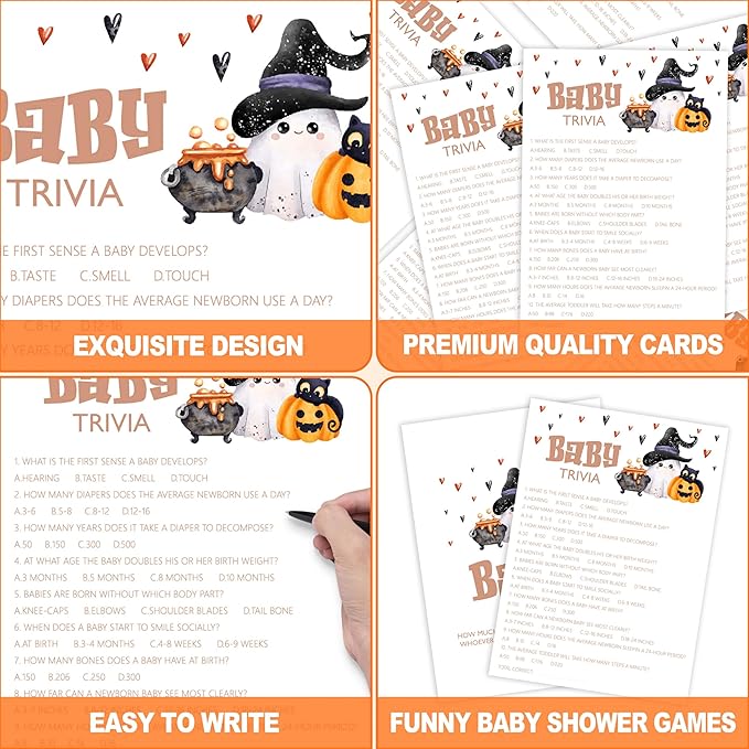 Baby Shower Games, Halloween Baby Trivia, 25 Double-Sided Game Cards + 1 Answer - Image 3