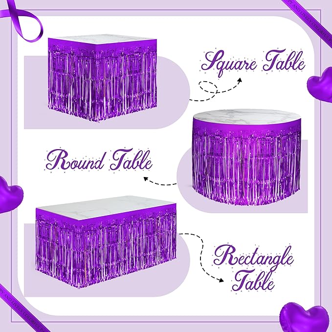 2 Pack Dark Purple Table Skirts, 29x108" Metallic Foil Tinsel Fringe Table - Image 4