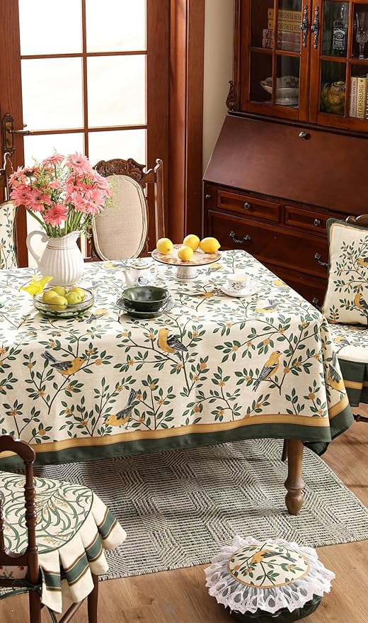 patdrea Designer Green Linen Rectangular Tablecloth, Vintage Breathable Floral - Image 9