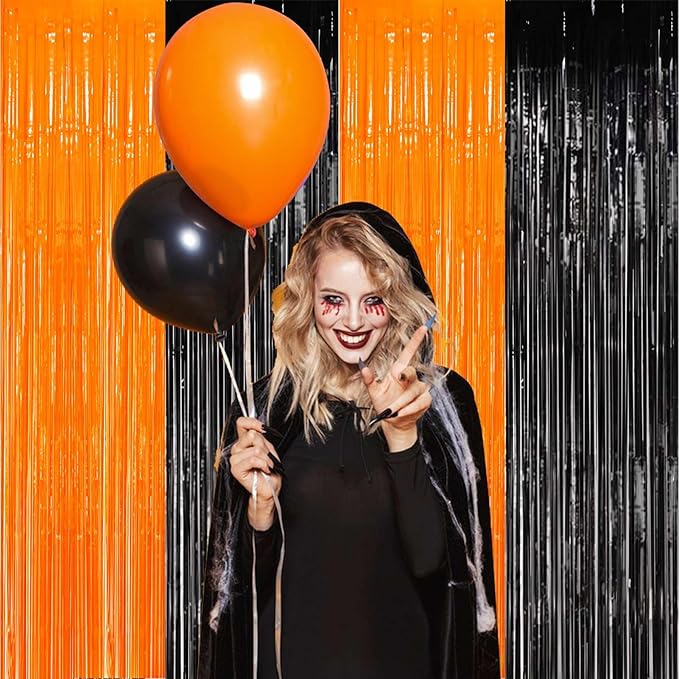 Foil Fringe Curtains-4 Pack of 3.2x8.2ft Orange Black Foil Fringe Curtains - Image 2