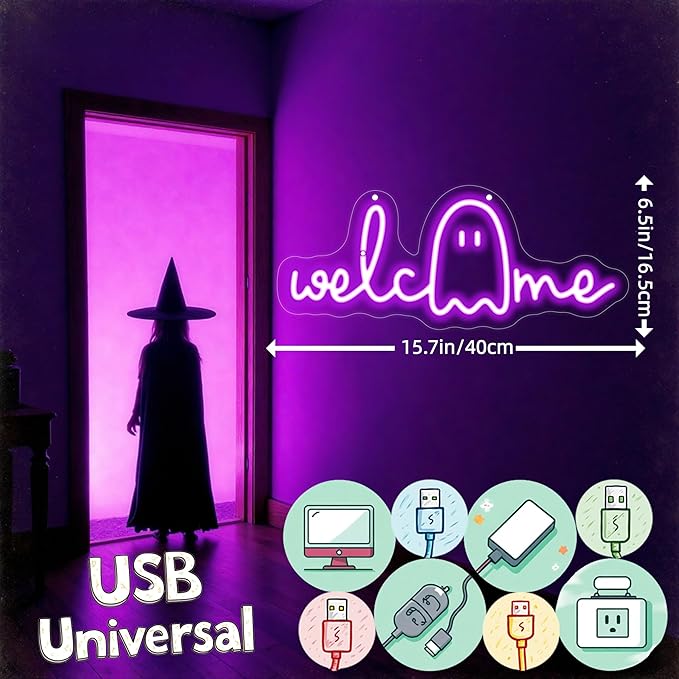 Halloween Welcome Ghouls Neon Sign, Spooky Ghost LED Halloween Decor, Haunted - Image 3
