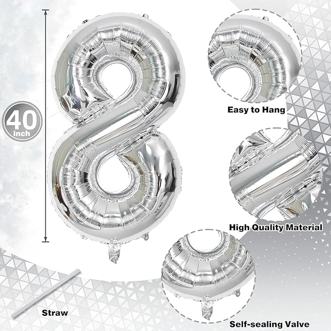 Silver 80th Birthday Balloons for Men, 40 Inch Mylar Self Inflating 80 Balloon - Image 2