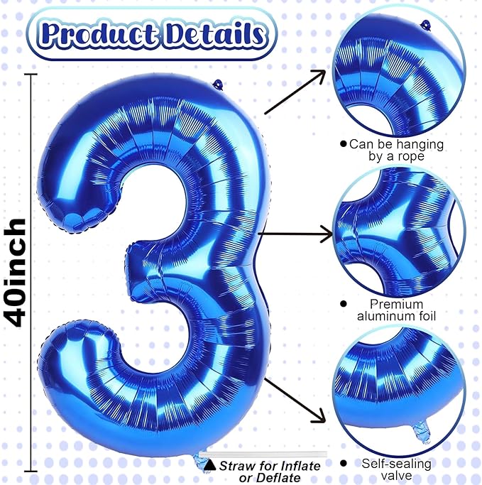 Navy Blue 40 Inch Numbers Balloons 3, Large Self Inflating Dark Royal Blue - Image 2