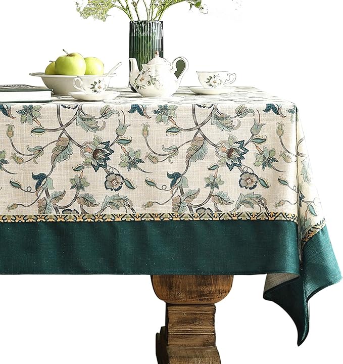 patdrea Designer Green Linen Long Rectangle Tablecloth, Vintage Floral Pattern by Welcometopatdrea