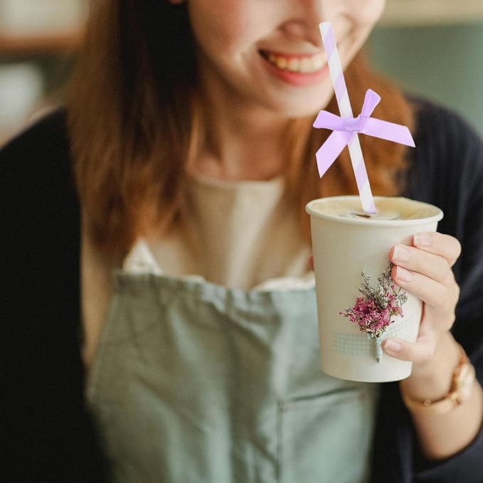60Pcs Purple Paper Straws with Bow Tie Decorations, Disposable Drinking Straws - Image 7