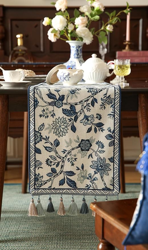 Decorative Linen Table Runner 87 Inches Long, Chinoiserie Blue Floral Cloth - Image 8