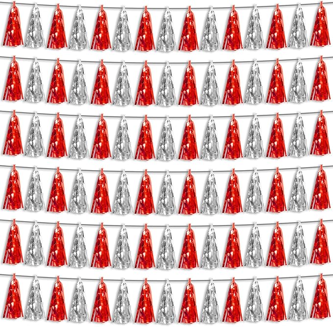 6P Red Silver Foil Fringe Metallic Tassel Streamers Banner Tassel Garland by HYSILLA
