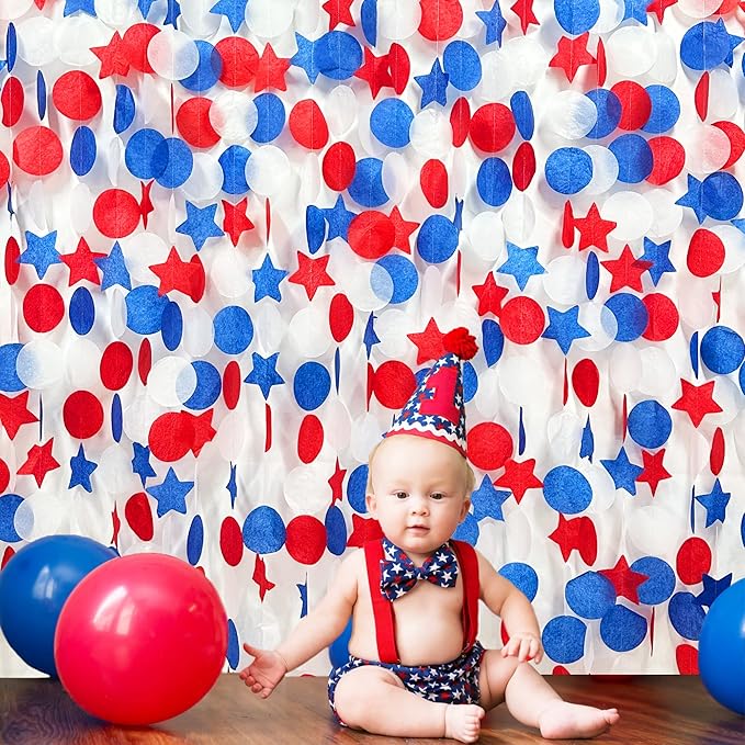 173Ft Navy Blue Red and White Party Decorations Big Star Circle Dots Backdrop - Image 6