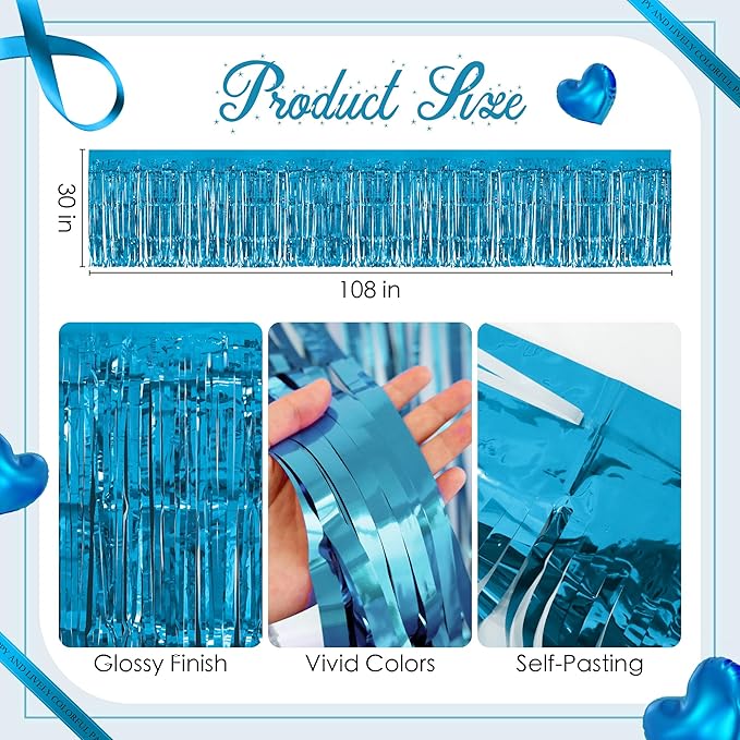 1 Pack Lake Blue Table Skirts, 29x108" Metallic Foil Tinsel Fringe Table Skirts - Image 3