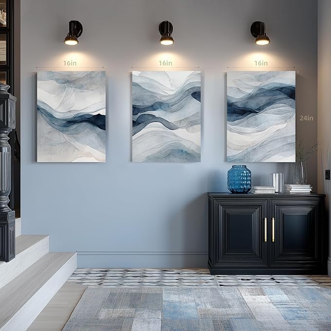 IAFWZX Framed Blue Gray Abstract Wall Art, Modern Minimalist Waves Wall Decor - Image 4