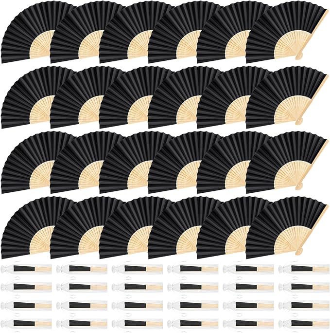 24 Pieces Black Hand Held Bamboo Folding Fans Paper Fans Handheld by Bringsparkletoeverydaylife