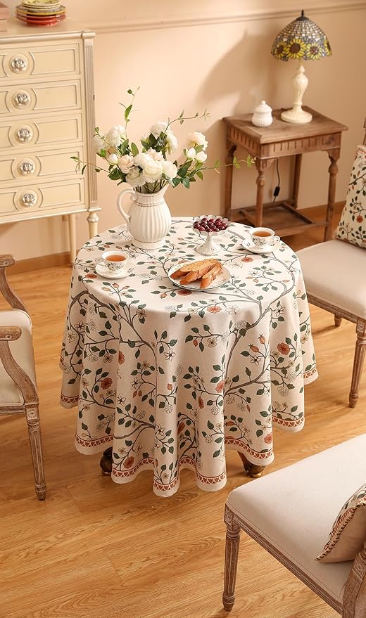 ISAENNE Designer Floral Round Tablecloth, French Linen Light Beige Indoor Table - Image 8