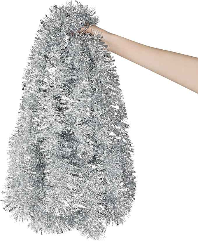 DECORA 33 Feet Silver Tinsel Garland, Christmas Metallic Hanging Tinsel Garland by CCINEE