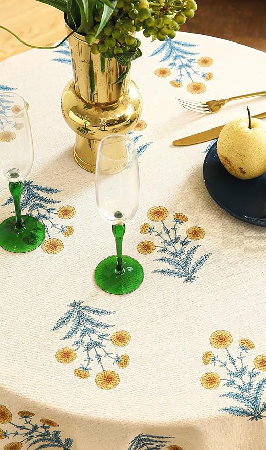 ISAENNE Designer French Pale Yellow Small Round Tablecloth, Linen Floral Table - Image 7