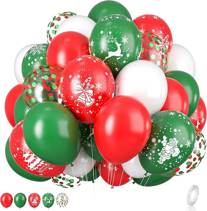Christmas Balloons, 12 Inch Green Red White Xmax Balloons by BIAPIAN