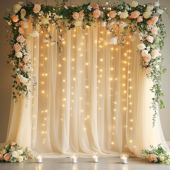 Tulle Backdrop Curtains with Lights String 10FT X 8FT Champagne Sheer Curtain by Fomcet