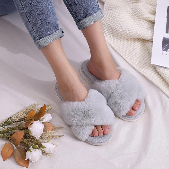 Evshine Women's Fuzzy Slippers Cross Band Memory Foam House Slippers Open Toe - Image 2