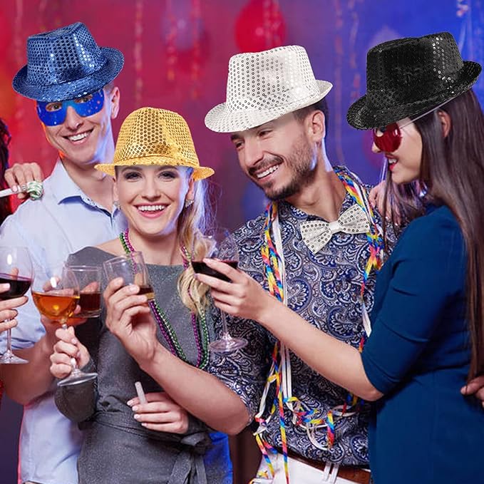 10 Pcs Unisex Sequin Fedora Hat Sequin Bow Ties Set Bling Retro Dance Jazz Cap - Image 5