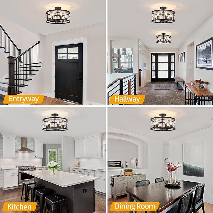 6-Light Black Semi Flush Mount Ceiling Light, 16.54'' Modern Farmhouse Close to - Image 4
