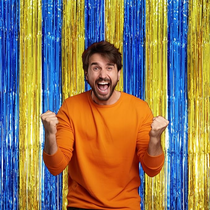 2 Pack Blue Gold Foil Fringe Backdrop Curtains, Graduation Tinsel Streamers - Image 5