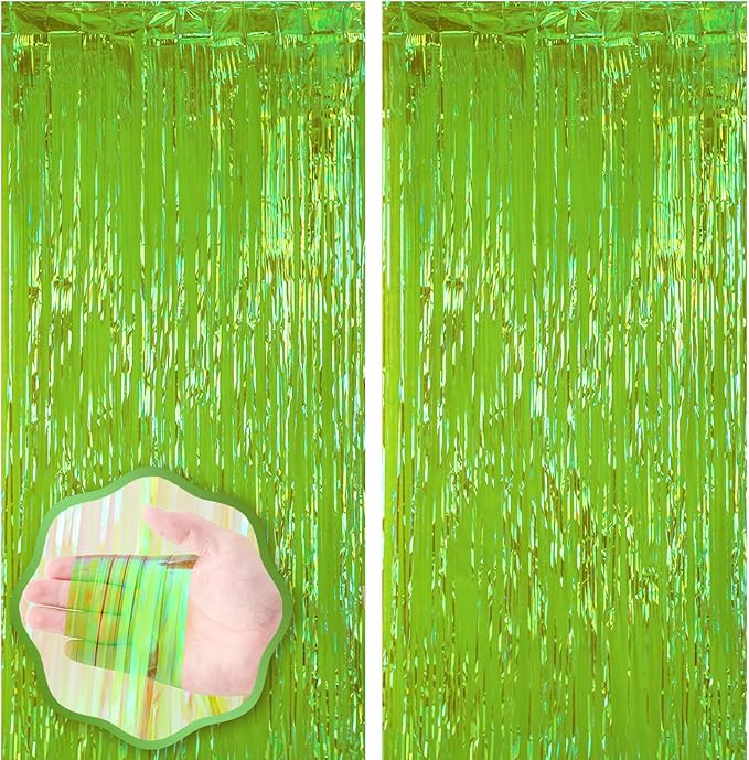 2 Pack 3.3x8.2 Feet Neon Green Foil Fringe Backdrop Curtains, Tinsel Streamers by Voircoloria