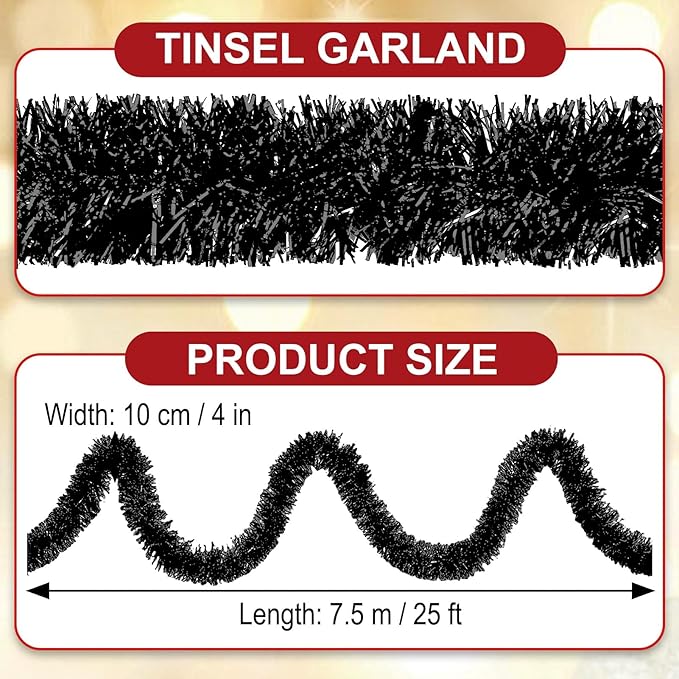 25 Feet Black Christmas Tinsel Garland, Metallic Foil Twist Garland Wall - Image 2
