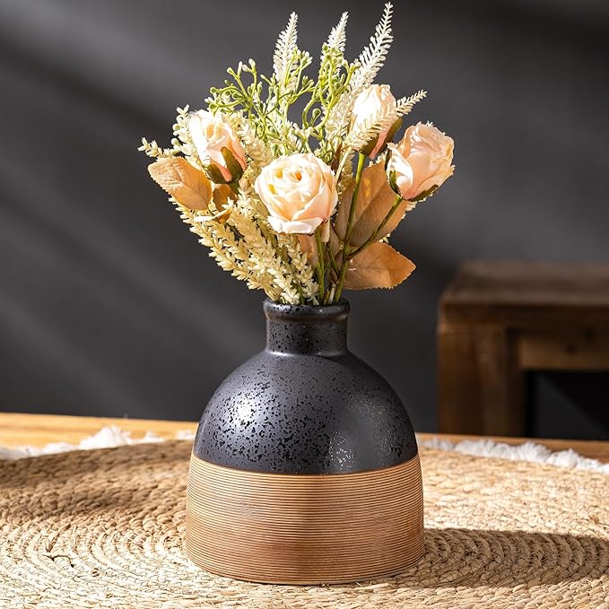 Black and Brown Rustic Farmhouse Flower Round Ceramic Striped Vase, Modern by SUREYUESI