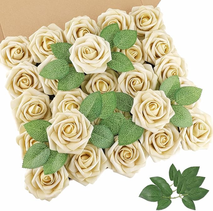 AmyHomie 25pcs Real Looking Artificial Beige Roses w/Stem by AmyHomie