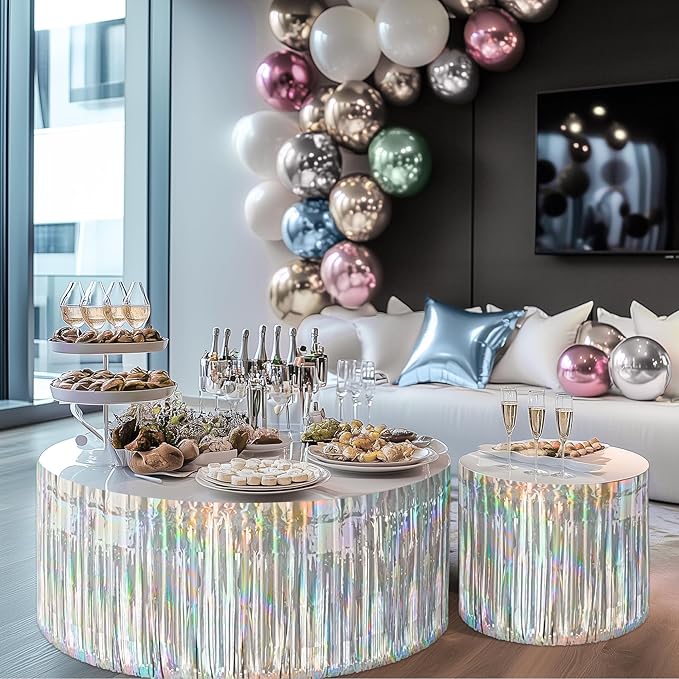 2 Pack Laser Silver Table Skirts, 29x108" Metallic Foil Tinsel Fringe Table - Image 9