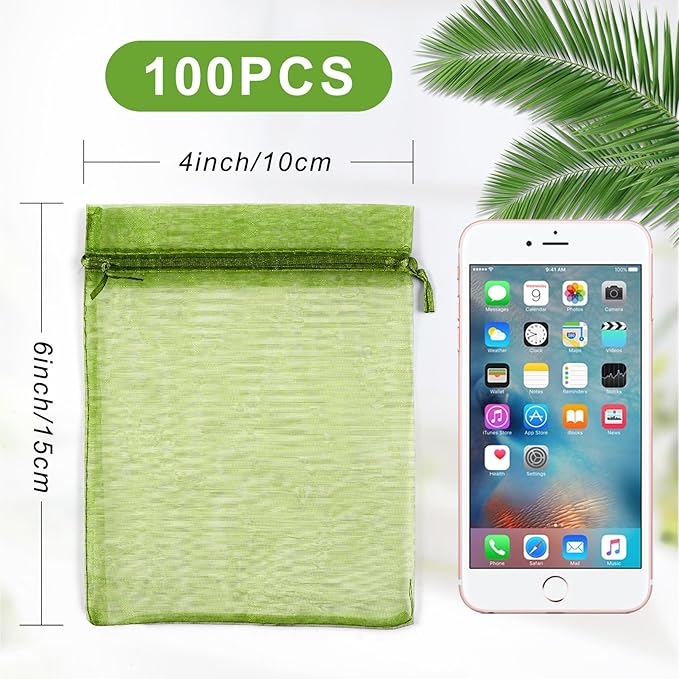 ANZNKU 100 Pack Green Organza Bags 4 x 6 inch Premium Sheer Drawstring Small - Image 2