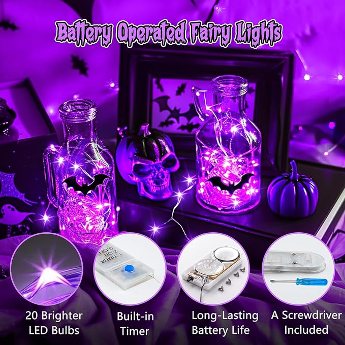 Minetom 6 Pack Purple Fairy Lights Battery Operated - 7ft 20 LED Waterproof - Image 3