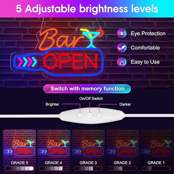 Bar Open Neon Sign, Super Bright 16''x 9'' Dimmable USB Powered LED Open Signs - Image 3