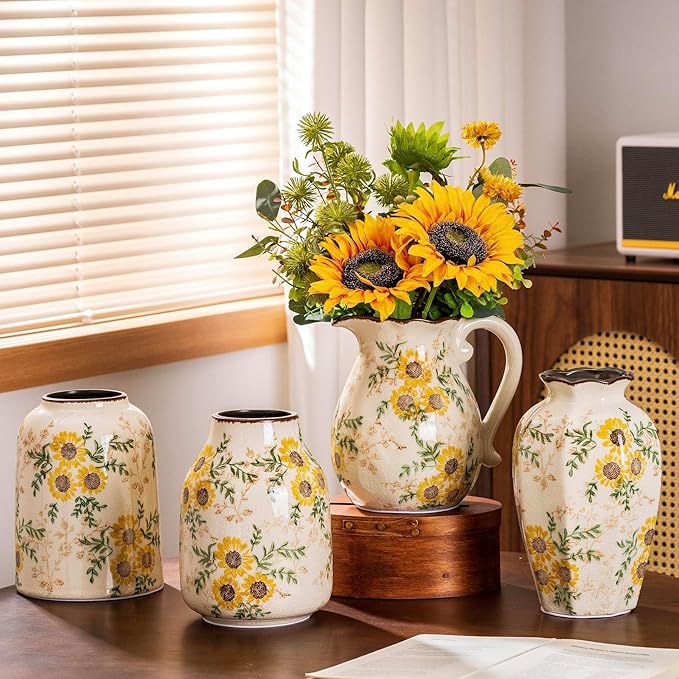 Sunflower Vintage Ceramic Yellow Floral Vase, Table Centerpieces, Kitchen - Image 6