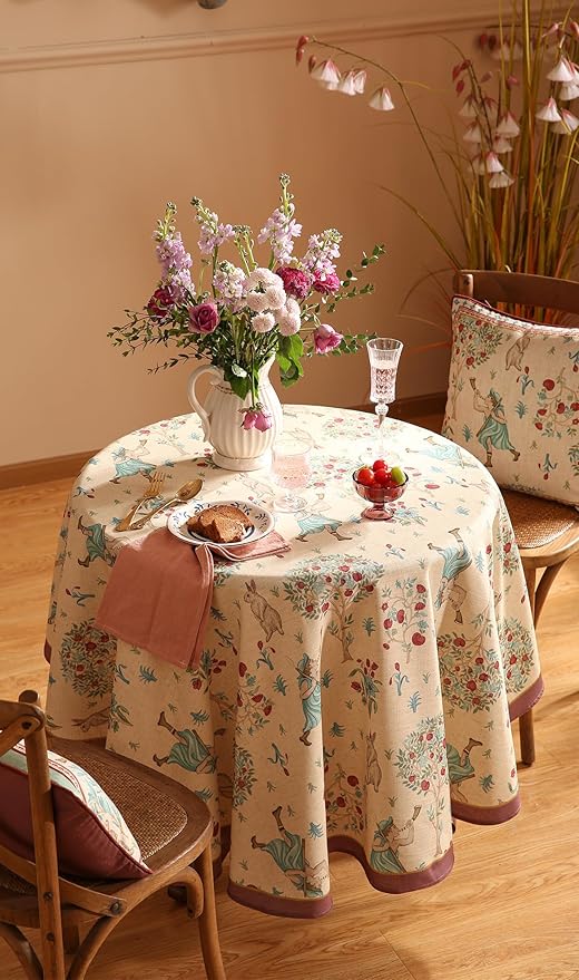 patdrea Designer Linen Beige Round Tablecloth, Vintage Italian Trees Pattern - Image 7