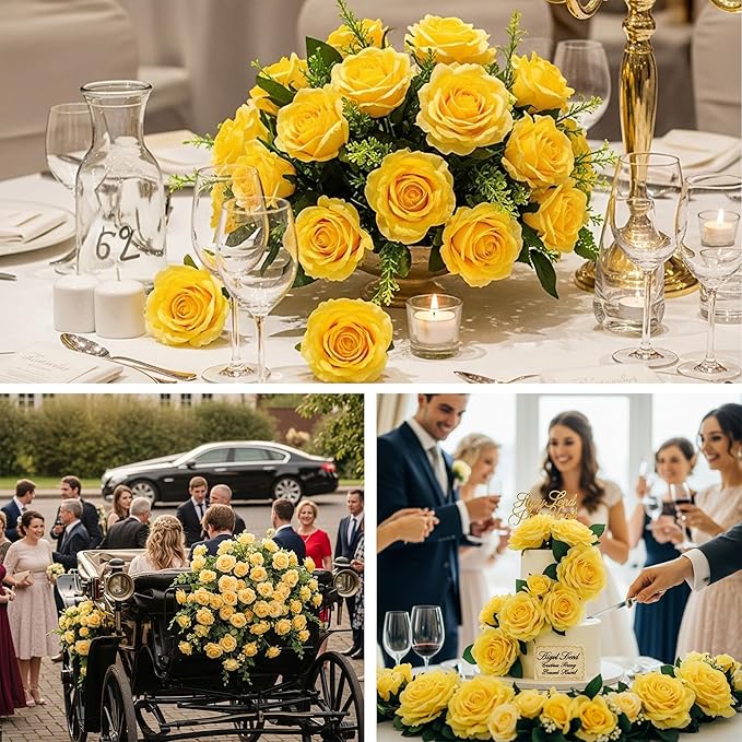 Auihiay 60PCS Yellow Roses Bulk, Realistic Flowers - Image 4