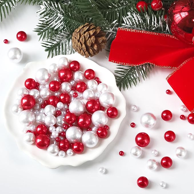 260Pcs Red&White Glossy Beads for Centerpiece Decor, Artifical Pearls Vase - Image 3