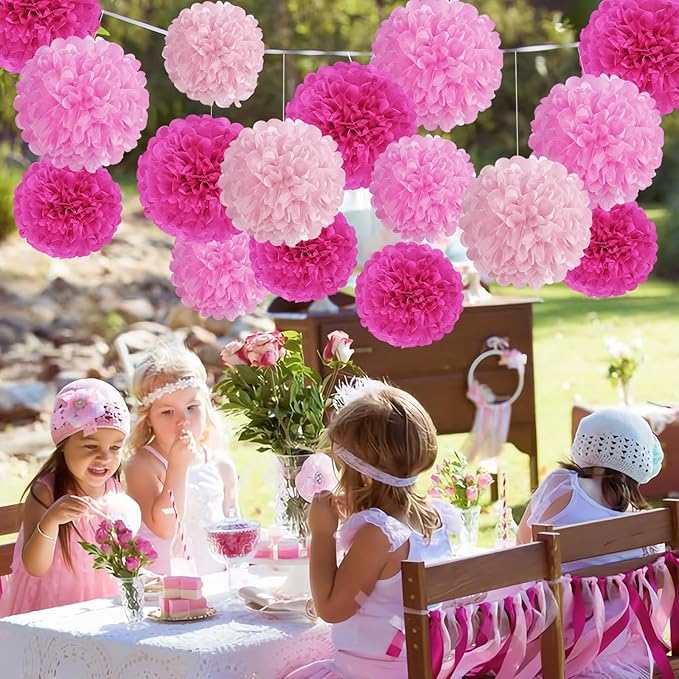 Hot Pink Tissue Pom Poms Paper Flowers Hanging Decorations Pink Flower Ball - Image 5