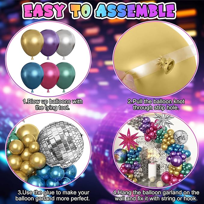 150Pcs Metallic Disco Balloon Arch Garland Kit, Chrome Purple Hot Pink Blue - Image 4