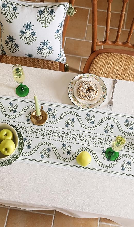 ISAENNE Designer White Elegant Linen Table Runner 87 Inches Long, Chinoiserie - Image 8