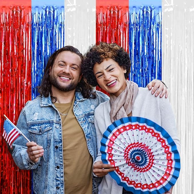 4 Pack Red Blue White Foil Fringe Curtain Backdrop, 3.28Ft x 8.2Ft Metallic - Image 7