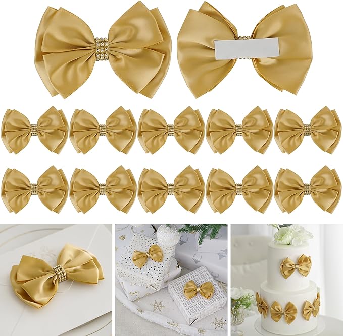 Gold Bows 4'' Premade Satin Ribbon Bow, Gift Bows by LiBongTa