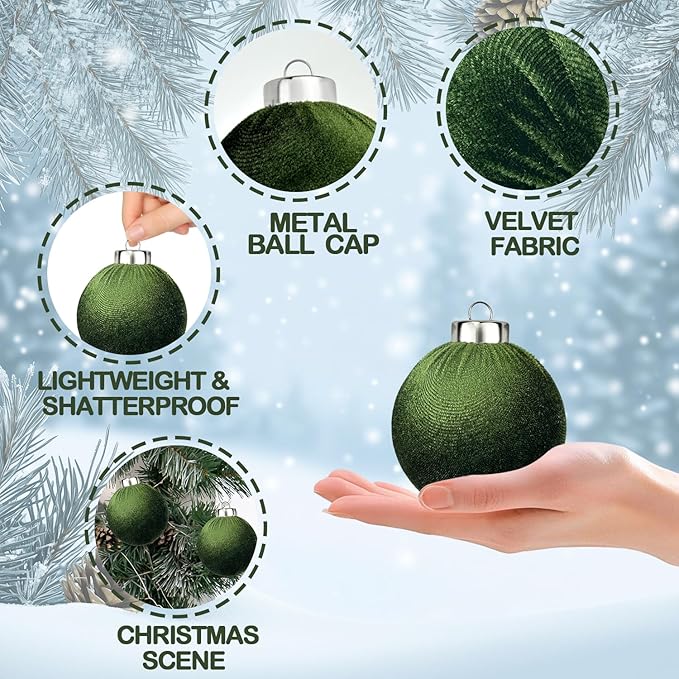 Green Velvet Ornaments for Christmas Tree 15 PCS, Big Neutral Flocked Christmas - Image 4